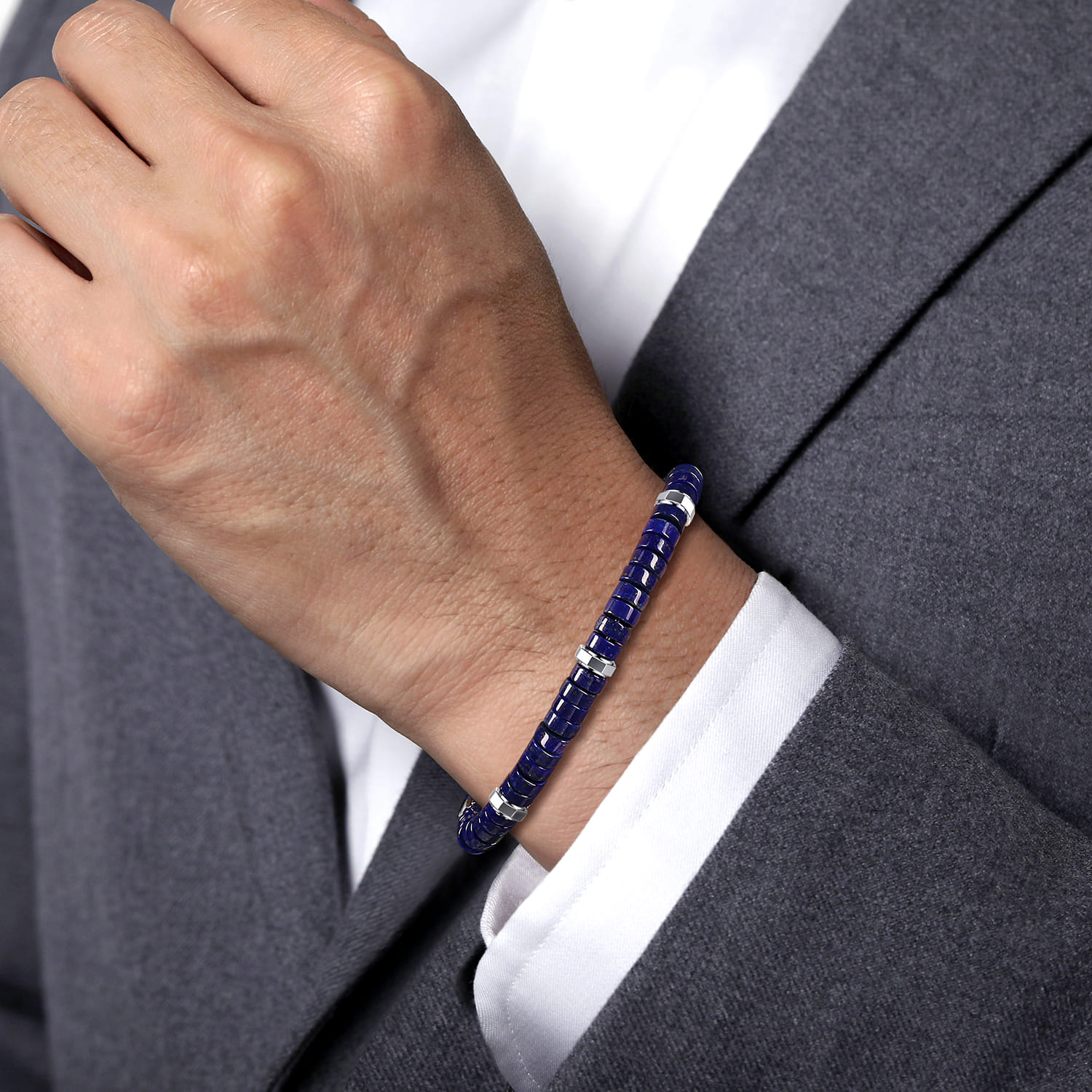 Beaded Bracelet Cylinder Lapis in Sterling Silver, photograph 3