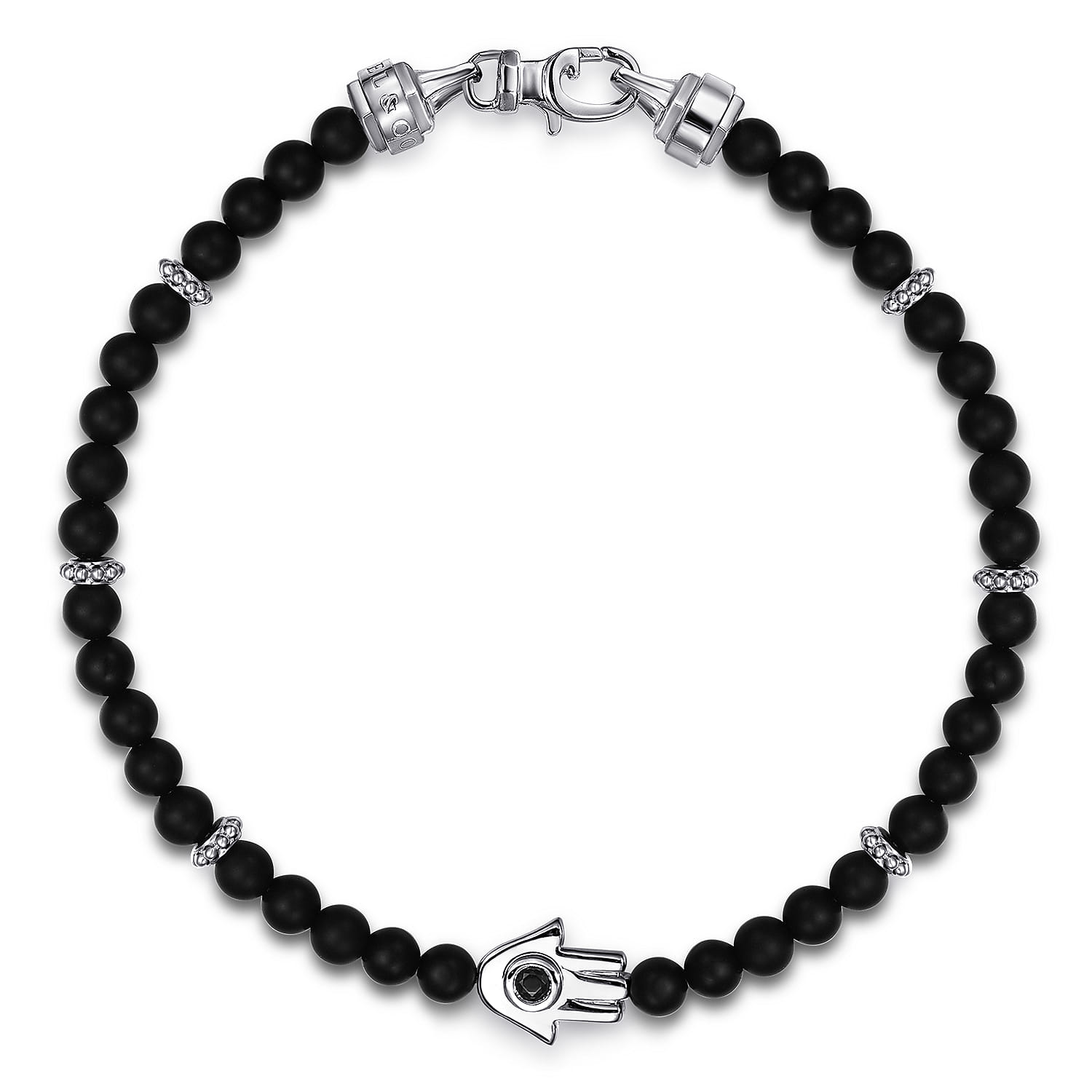 4mm Matte Onyx and Black Spinel Beaded Bracelet with Hamsa