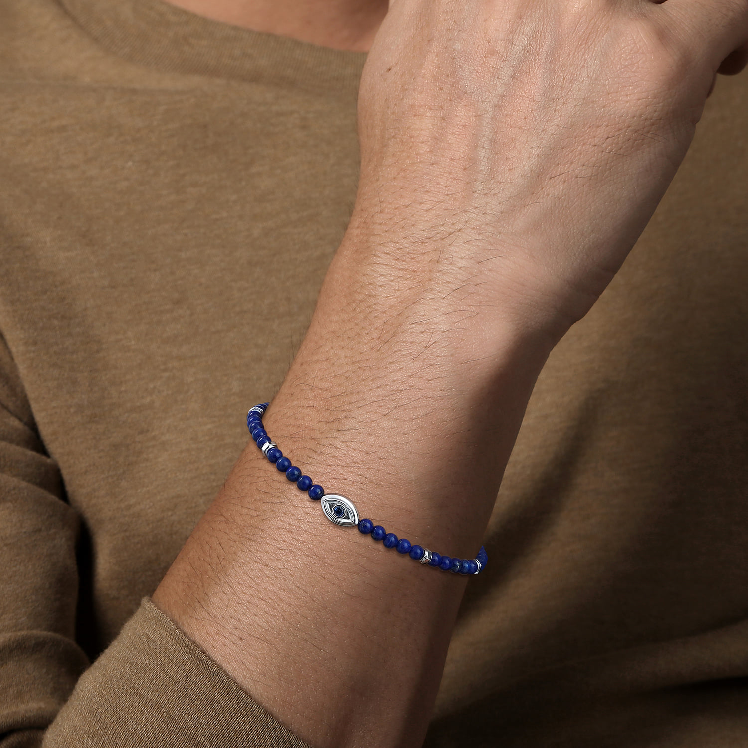 4mm Lapis and Sapphire Beaded Bracelet with Evil eye in Sterling Silver, photograph 3