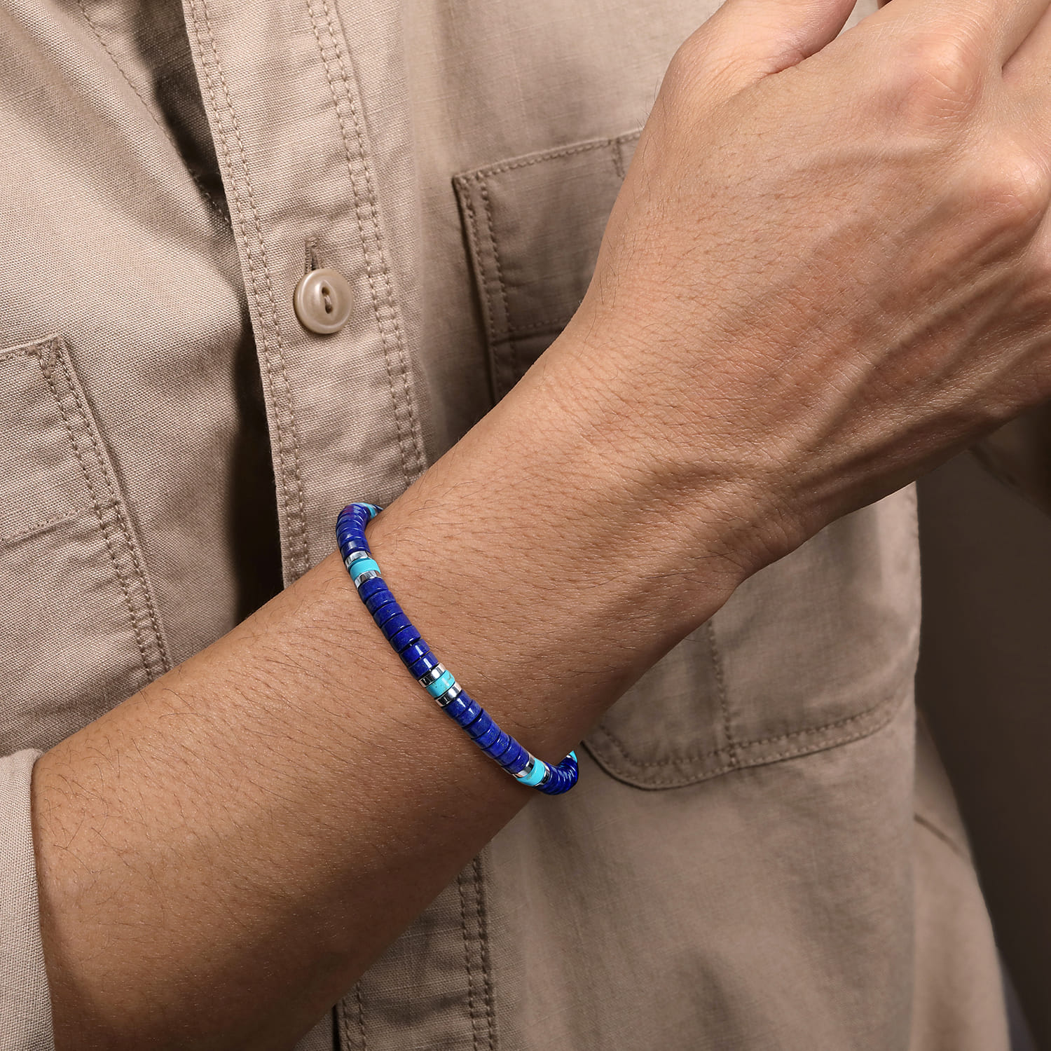 Lapis and Turquoise Cylinder Beaded Bracelet in Sterling Silver, photograph 3