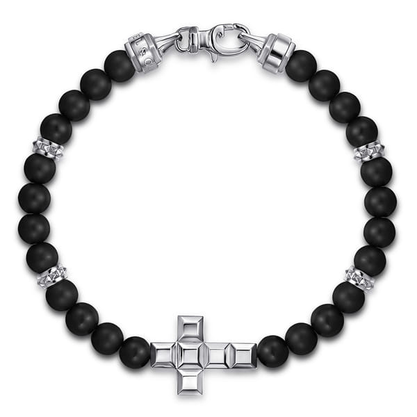 925 Sterling Silver 6mm Matte Onyx Beaded Bracelet with Square Cross