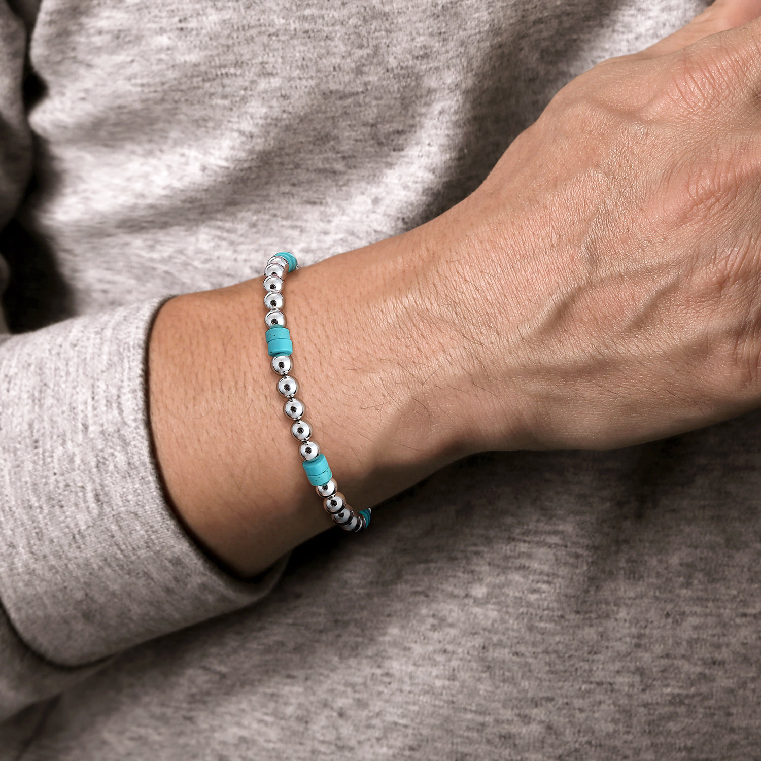 6mm ball and Turquoise Cylinder Beaded Bracelet in Sterling Silver, photograph 3