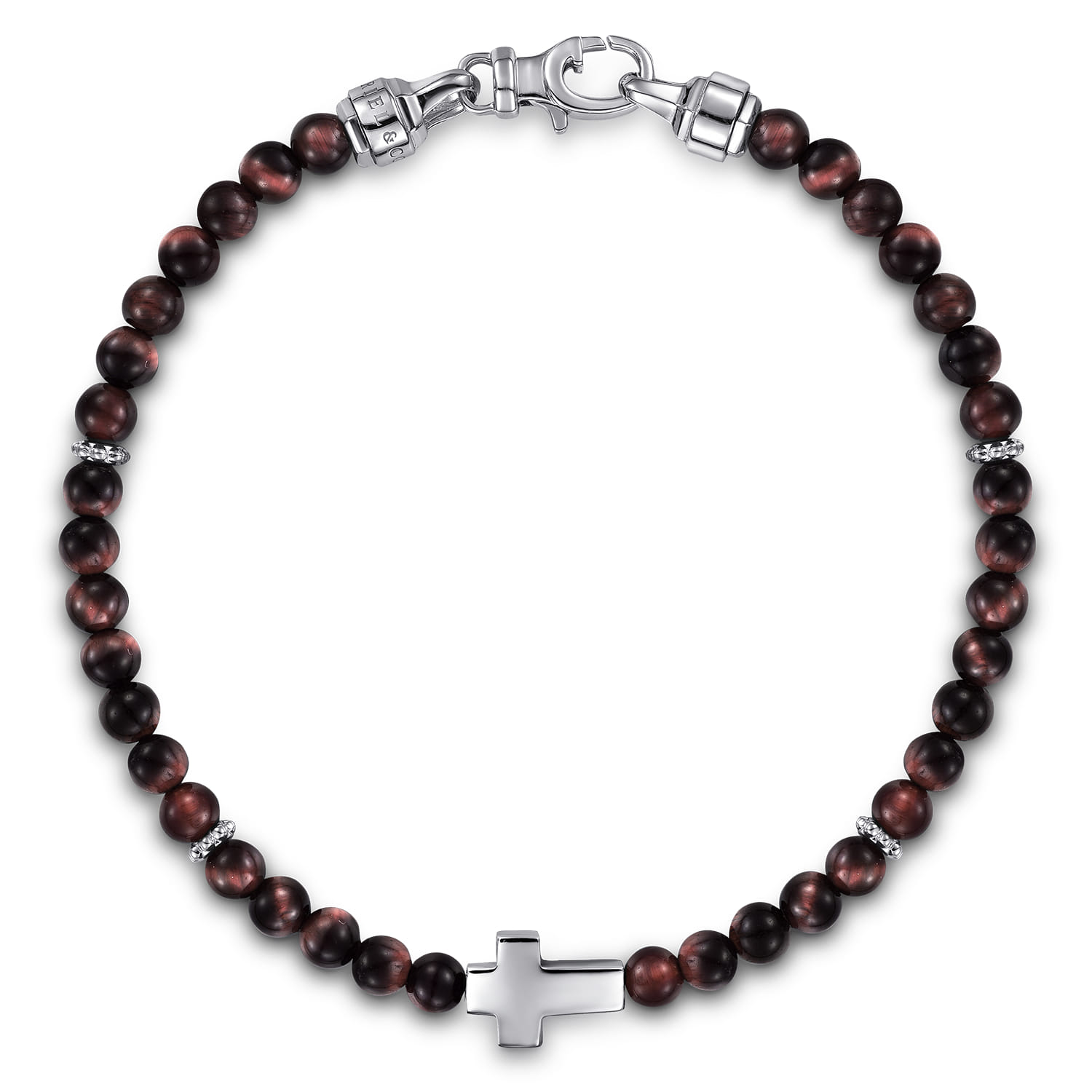 Cross Bracelet with 4mm Tiger Eye Beads in Sterling Silver