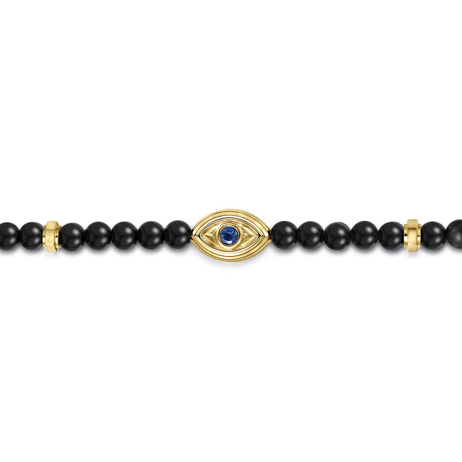 4mm Onyx and Sapphire Beaded Bracelet with Evil eye in 14K Yellow Gold, photograph 2