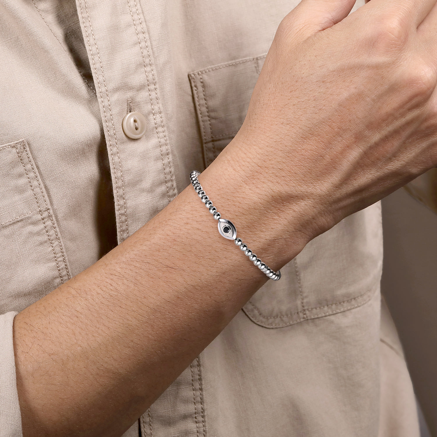 and 4mm Silver Beaded Bracelet with Evil Eye in Sterling Silver, photograph 3
