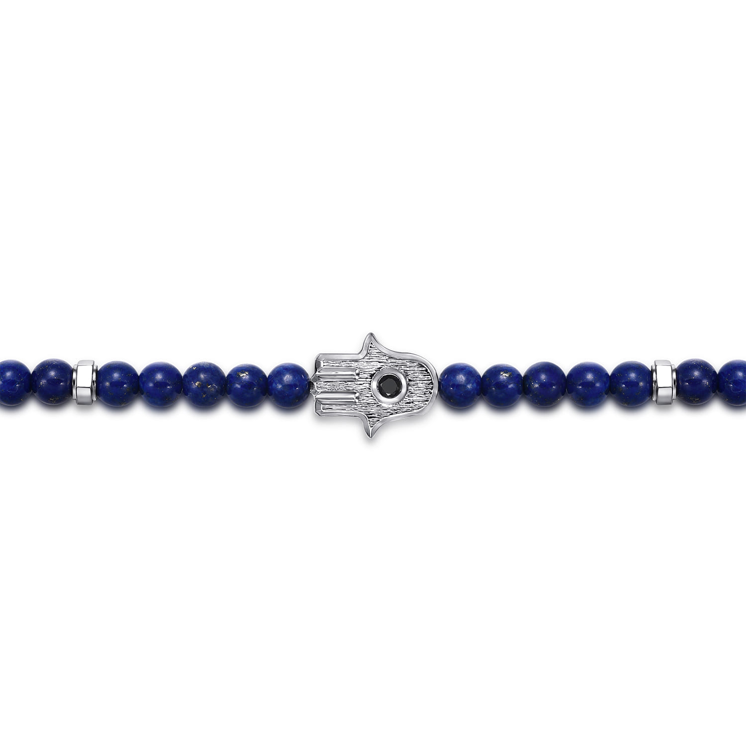4mm Lapis Mens Bracelet with Black Spinel Hamsa in Sterling Silver, photograph 2