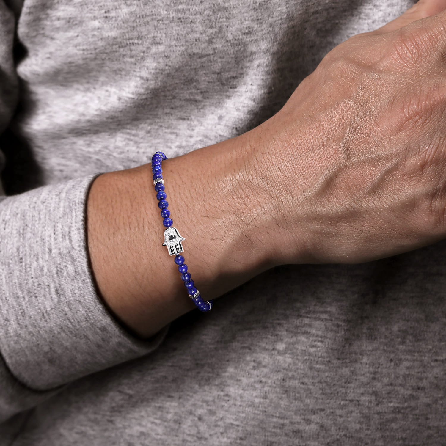 4mm Lapis Mens Bracelet with Black Spinel Hamsa in Sterling Silver, photograph 3