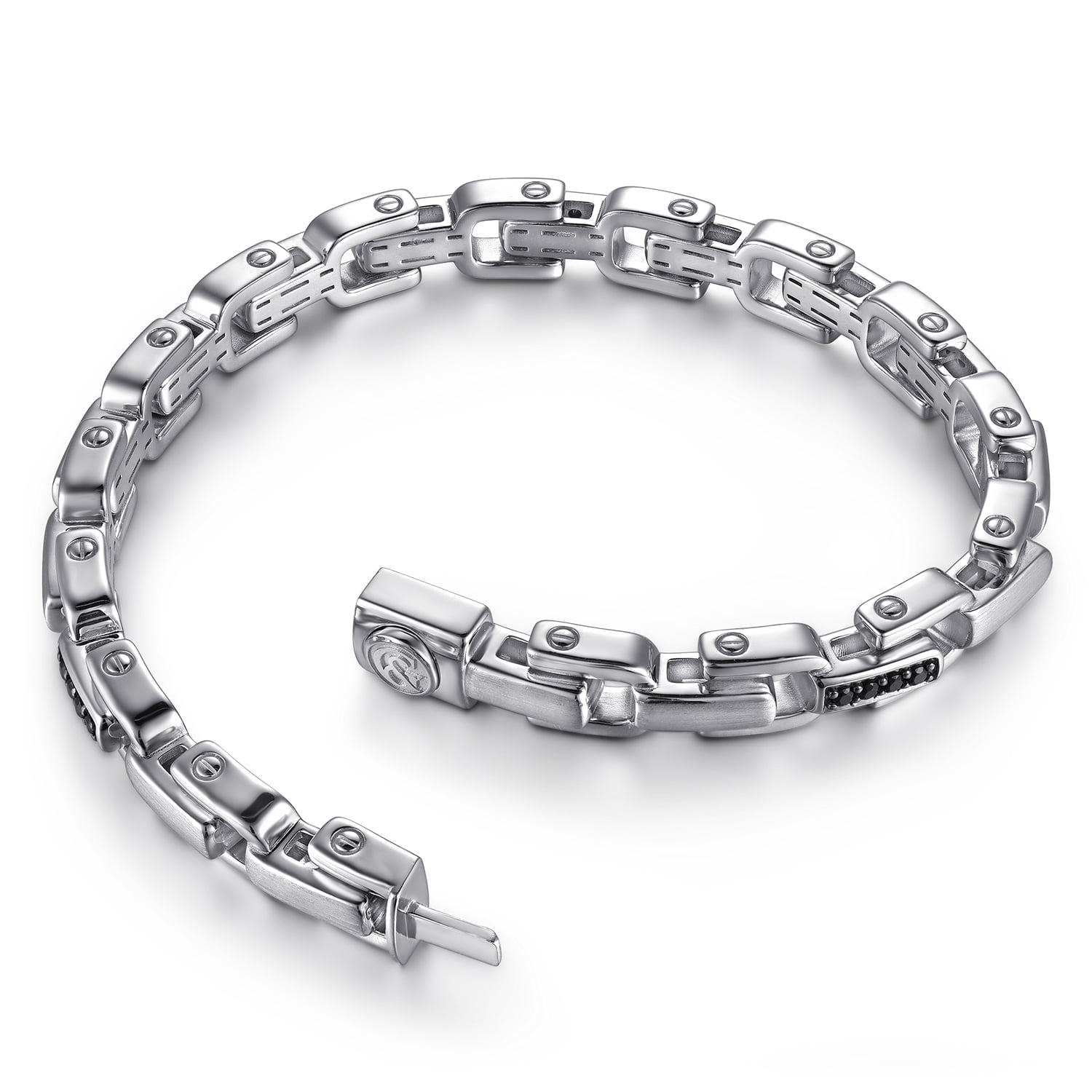 Black Spinel Mens Cylindrical Link Chain Bracelet in Sterling Silver, photograph 3