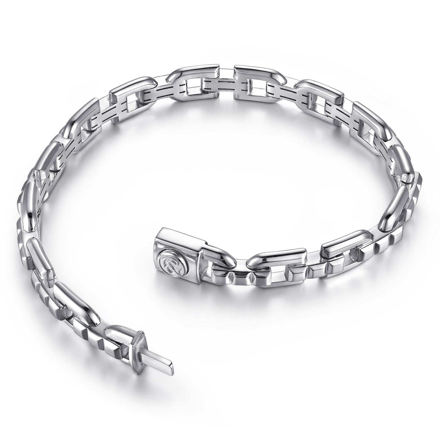 Mens Cylindrical Link Chain Bracelet in Sterling Silver, photograph 3