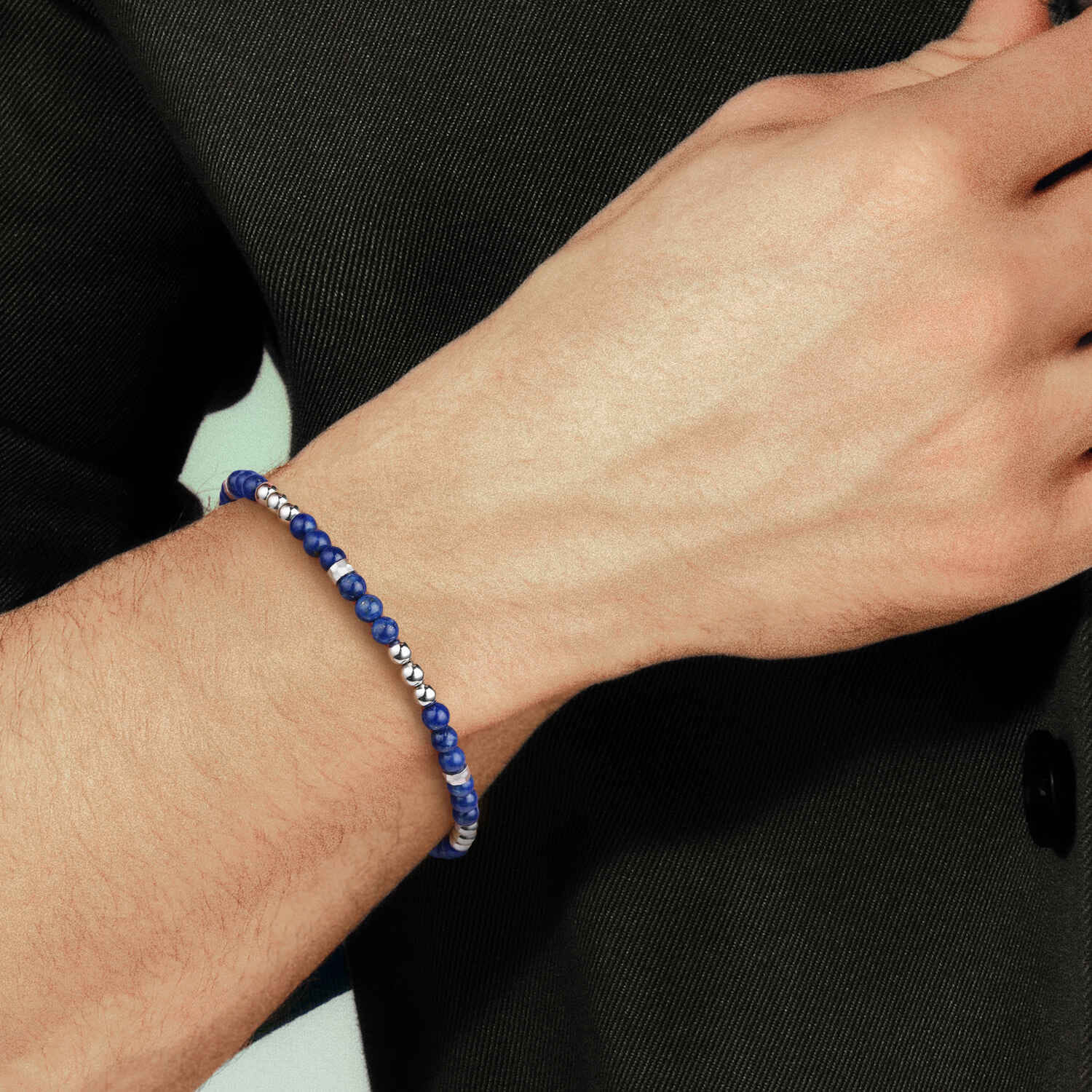 4mm Lapis Beaded and 4mm Silver Ball Bracelet in Sterling Silver, photograph 3