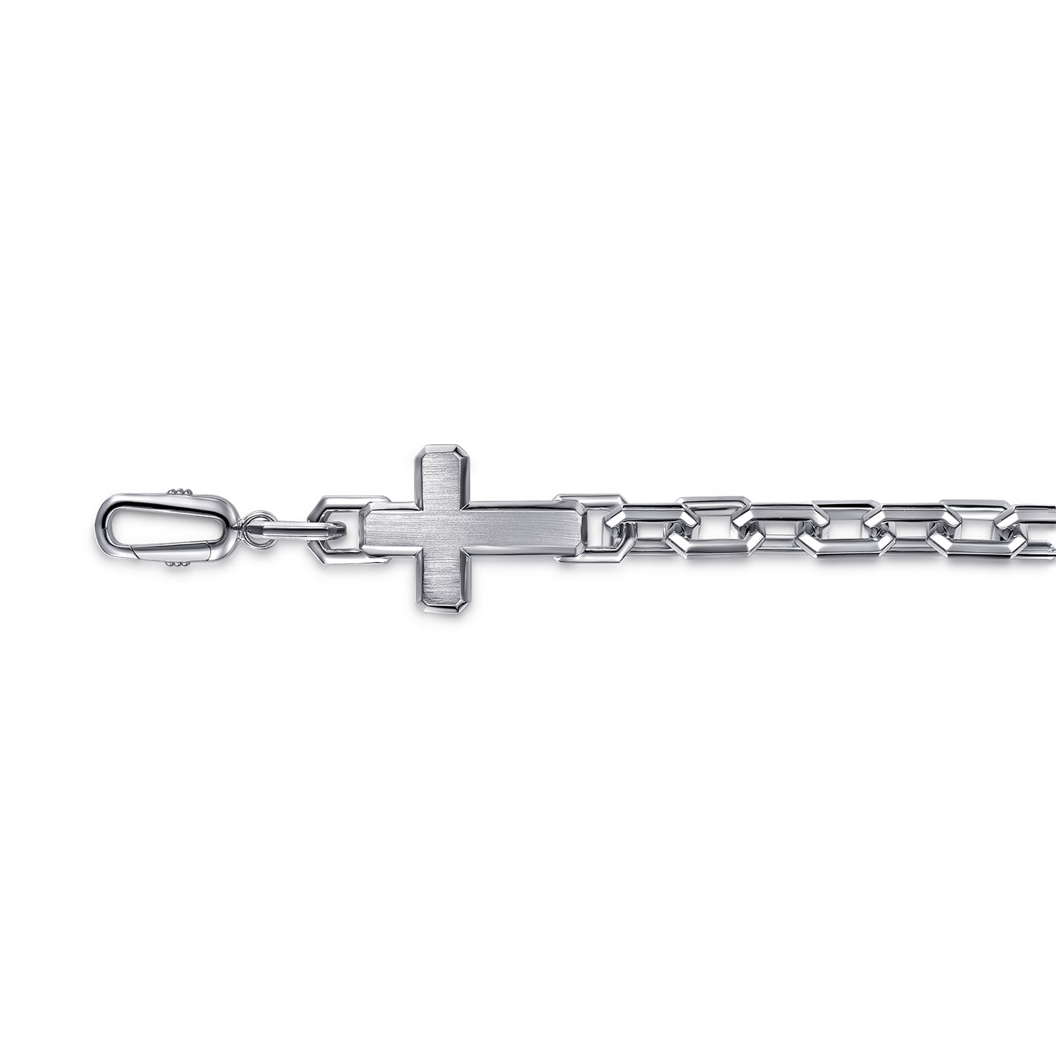 Mens Faceted Link Chain Bracelet with Cross in Sterling Silver, photograph 2