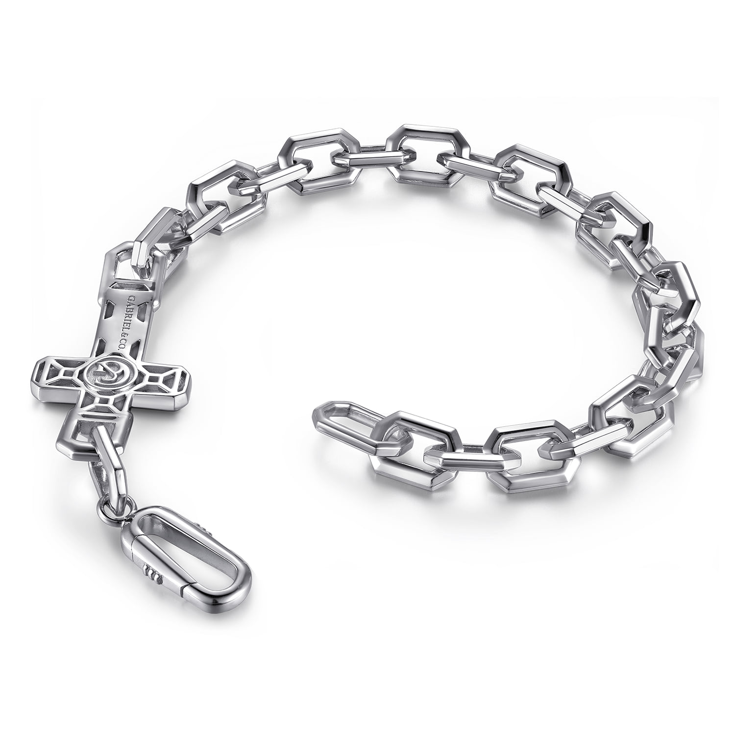 Mens Faceted Link Chain Bracelet with Cross in Sterling Silver, photograph 3