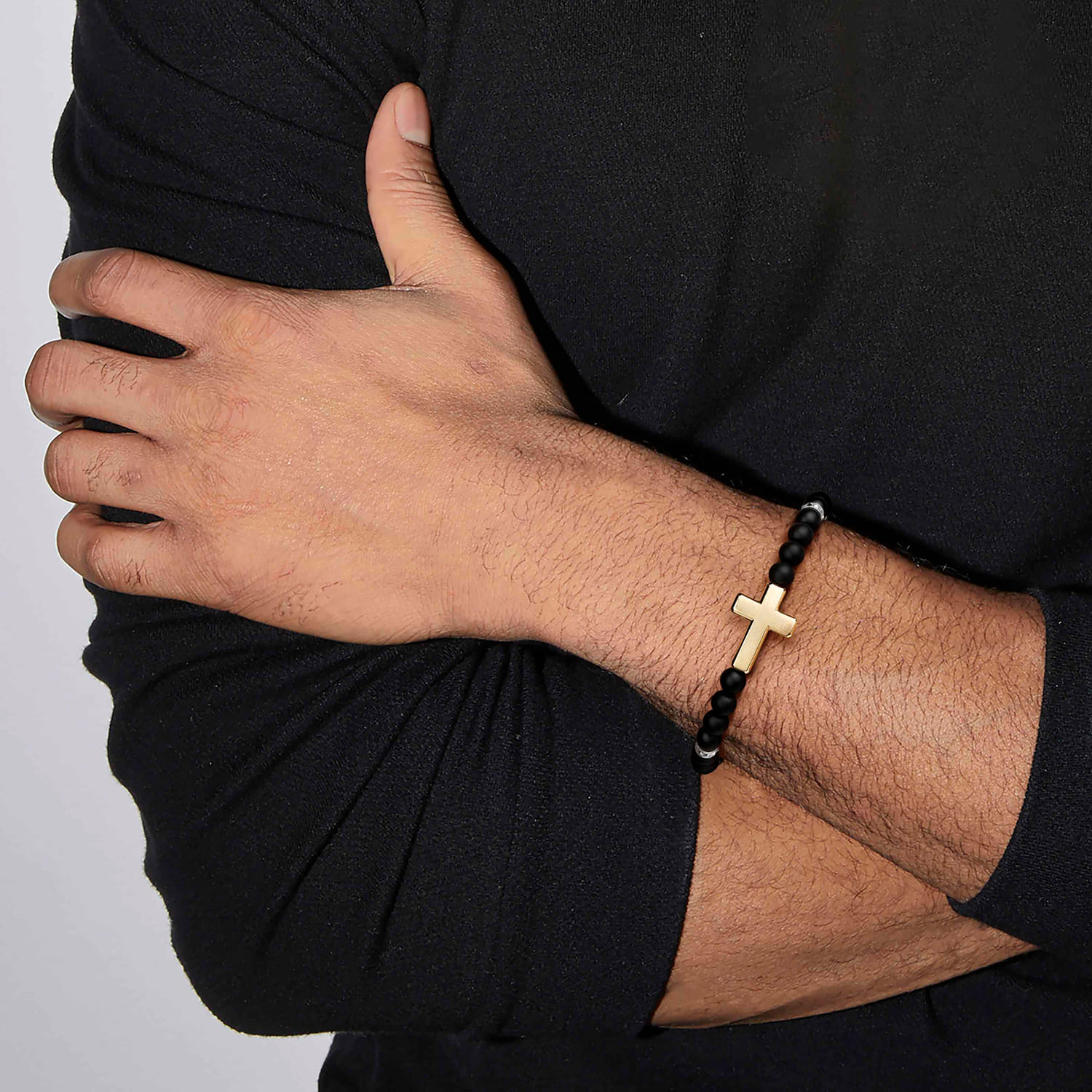 6mm Titanium Beaded Bracelet with Cross in Sterling Silver & 14K Yellow Gold, photograph 3
