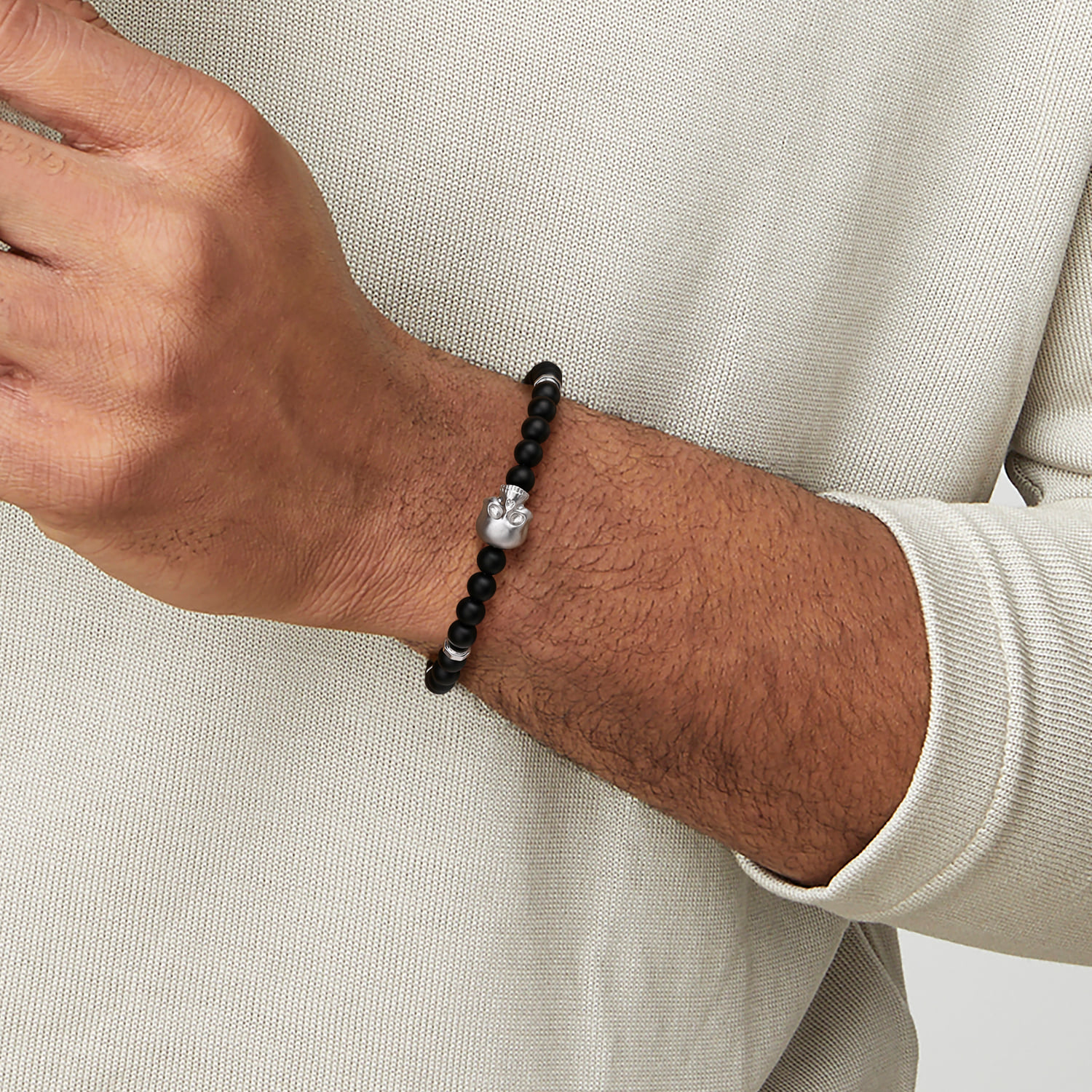 and 6mm Black Titanium Bead Men's Bracelet With Skull in Sterling Silver, photograph 3