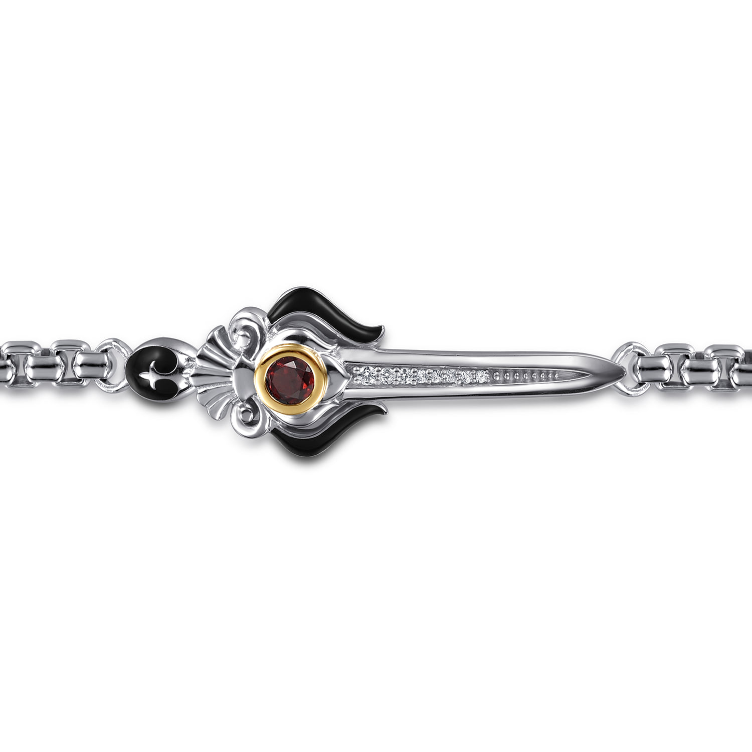 and Garnet and White Sapphire Round Box Chain Bracelet With Dagger in 14K Yellow Gold, photograph 2