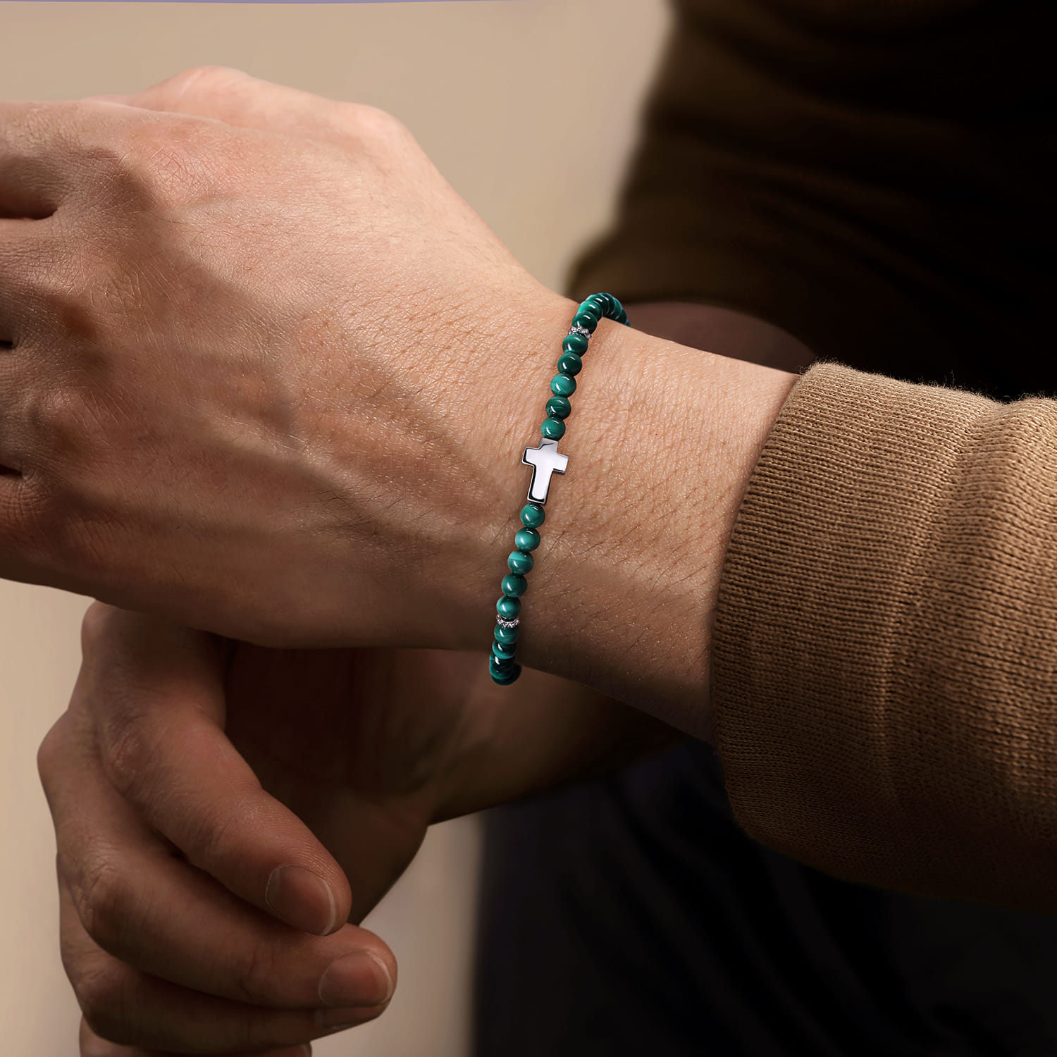 Cross Bracelet with 4mm Malachite Beads in Sterling Silver, photograph 3