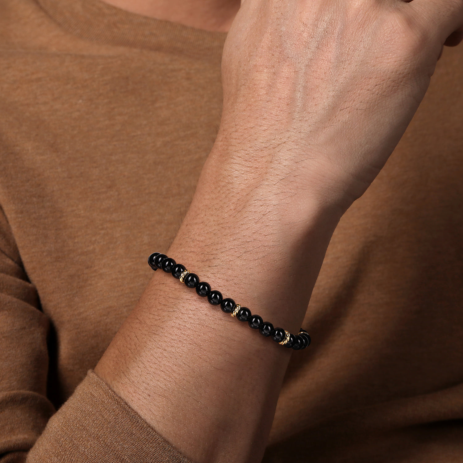 and 6mm Black Onyx Beaded Bracelet in 14K Yellow Gold, photograph 3