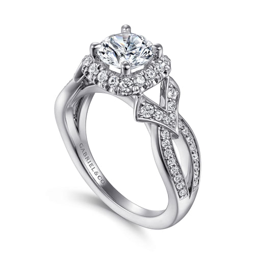  14K White Gold Art Deco Inspired Halo Diamond Engagement Ring