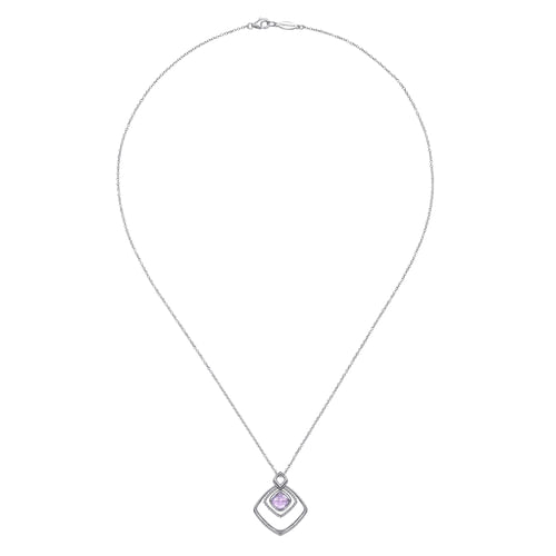  925 Sterling Silver Layered Squares Pendant Necklace with Pink Amethyst Drop