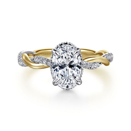 14K Gold Oval Halo Diamond Engagement Ring-White Gold Head and Yellow Gold Shank with White Rhodium
