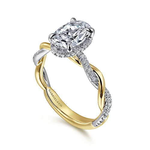 14K Gold Oval Halo Diamond Engagement Ring-White Gold Head and Yellow Gold Shank with White Rhodium