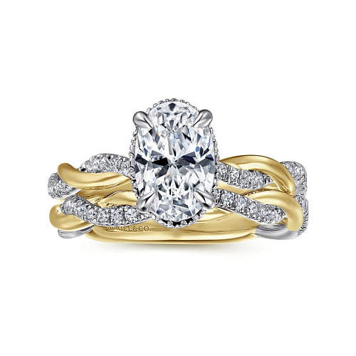 14K Gold Oval Halo Diamond Engagement Ring-White Gold Head and Yellow Gold Shank with White Rhodium