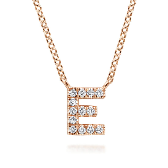 14K Pink Gold Diamond E Initial Pendant Necklace