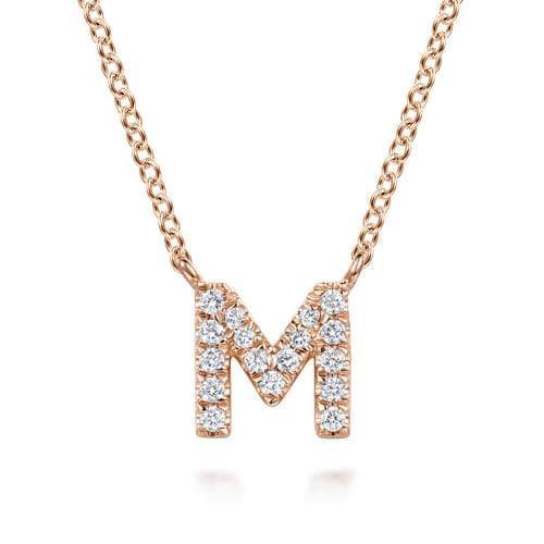 14K Pink Gold Diamond M Initial Pendant Necklace