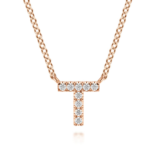 14K Pink Gold Diamond T Initial Pendant Necklace