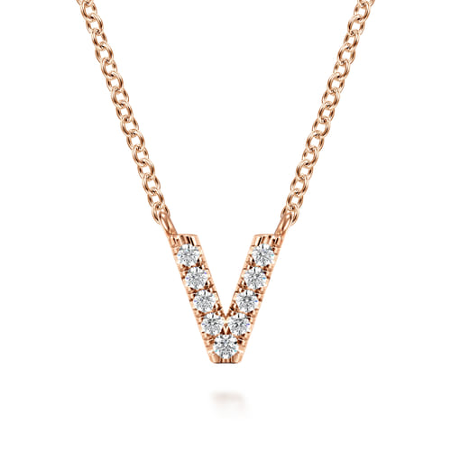14K Pink Gold Diamond V Initial Pendant Necklace
