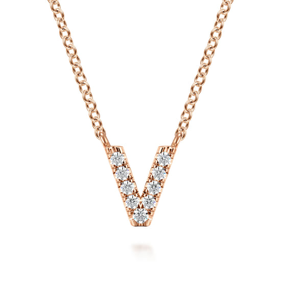 Gabriel - 14K Pink Gold Diamond V Initial Pendant Necklace