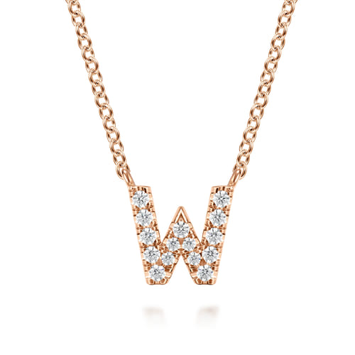 14K Pink Gold Diamond W Initial Pendant Necklace