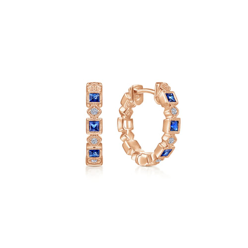 14K Rose Gold 15mm Sapphire and Diamond Huggies