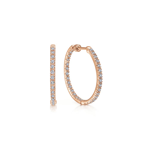 14K Rose Gold 20mm Round Inside Out Diamond Hoop Earrings