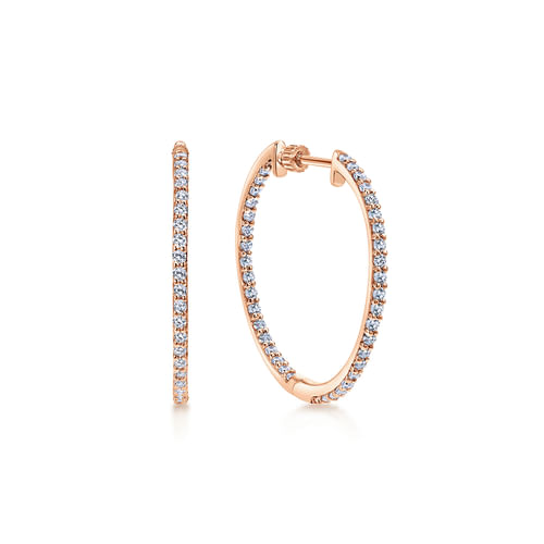 14K Rose Gold 25mm Round Inside Out Diamond Hoop Earrings