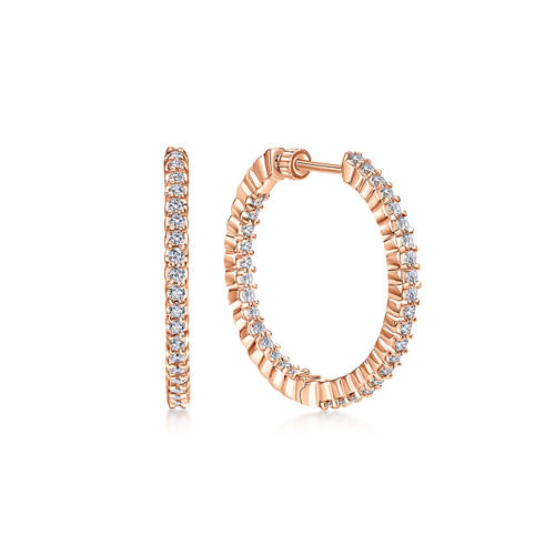 14K Rose Gold 25mm Round Inside Out Diamond Hoop Earrings
