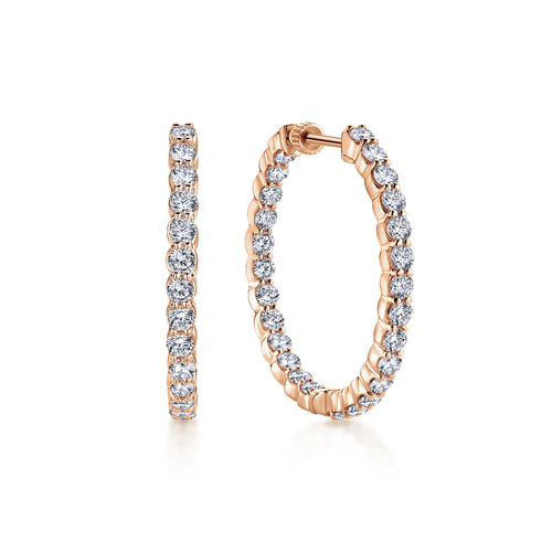 14K Rose Gold 30mm Round Inside Out Diamond Hoop Earrings