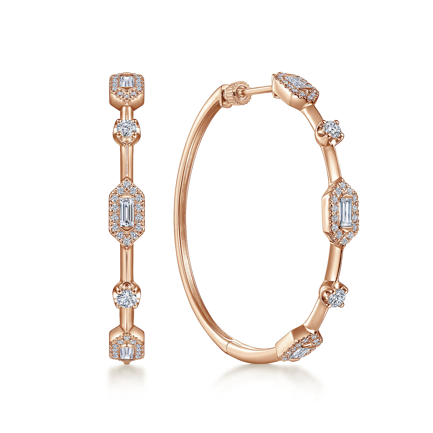 14K Rose Gold 40mm Diamond Baguette and Round Station Classic Hoop Earrings