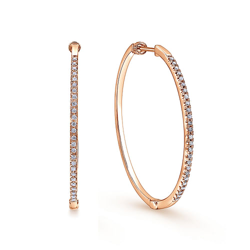 14K Rose Gold 40mm Round Classic Diamond Hoop Earrings