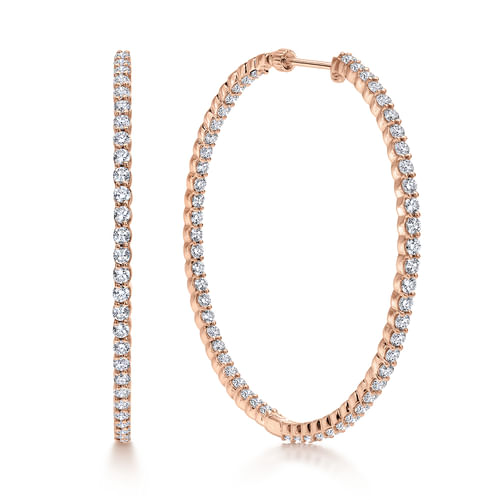 14K Rose Gold 50mm Round Inside Out Diamond Hoop Earrings