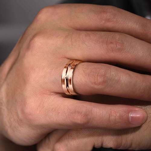 14K Rose Gold 6mm - Carved Men's Wedding Band in Satin Finish 14K Rose Gold 6mm - Carved Men's Wedding Band in Satin Finish