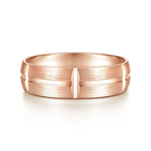 14K Rose Gold 6mm - Carved Station Men's Wedding Band in Satin Finish