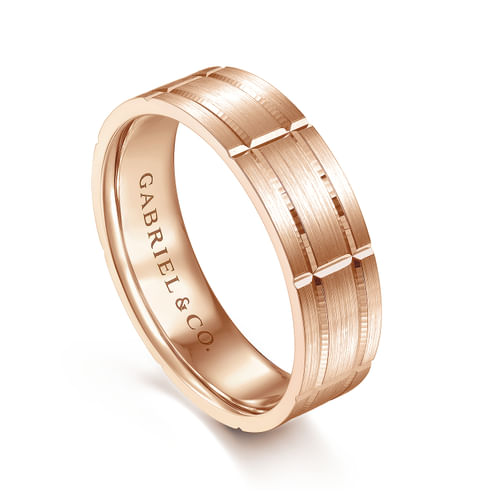 14K Rose Gold 6mm - Checkerboard Pattern Men's Wedding Band in Satin Finish