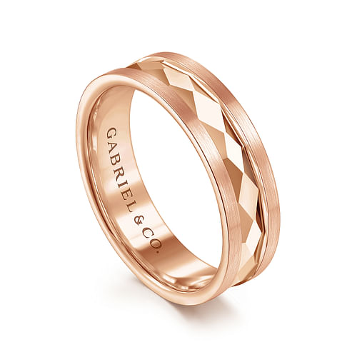 14K Rose Gold 6mm - Diamond Cut Men's Wedding Band in Satin Finish