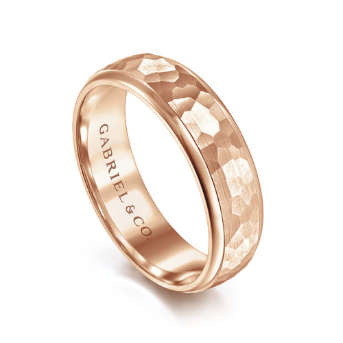 14K Rose Gold 6mm - Hammered Finish Men's Wedding Band 