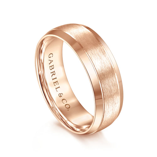 14K Rose Gold 7mm - Beveled Edge Men's Wedding Band in Horizontal Brush Finish