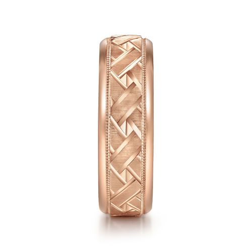 14K Rose Gold 7mm - Engraved Woven Men's Wedding Band in Satin Finish