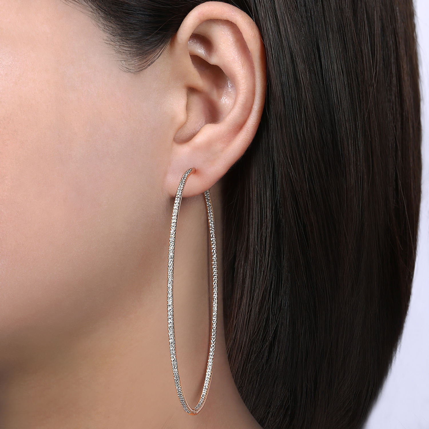 14K Rose Gold 80mm Round Inside Out Diamond Hoop Earrings