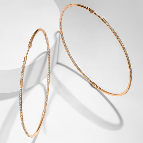 14K Rose Gold 80mm Round Inside Out Diamond Hoop Earrings