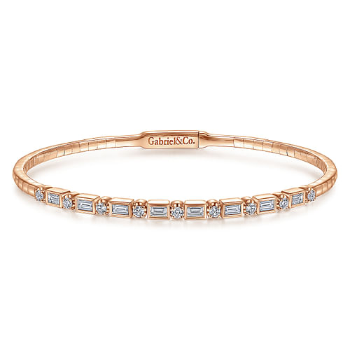 14K Rose Gold Alternating Baguette and Round Diamond Bangle